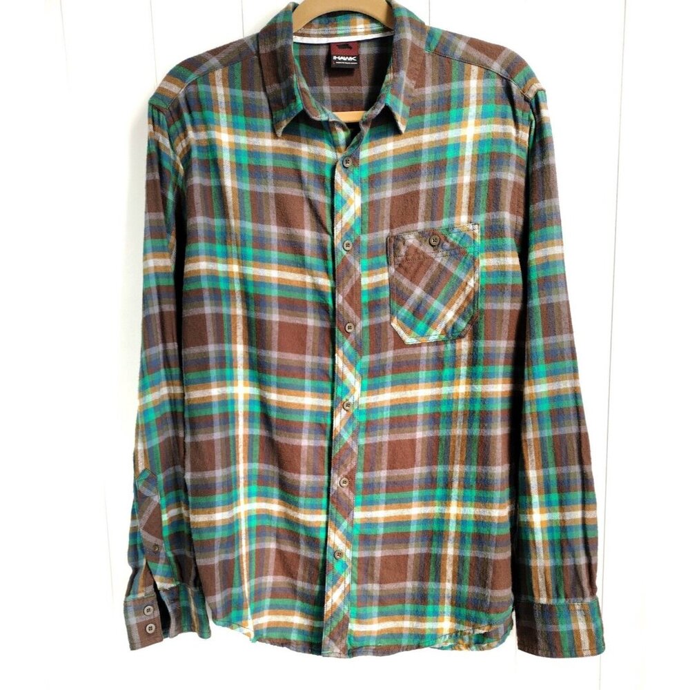 Tony Hawk Button Down Flannel sz L Large Young men's Brown Green 22" chest plaid